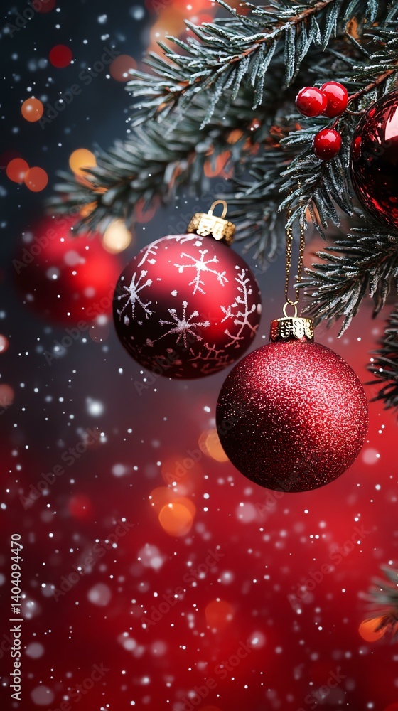 Beautiful red Christmas ornaments hanging on a festive tree with snowfall background. Beautiful red Christmas ornaments hanging on a festive tree with snowfall background.