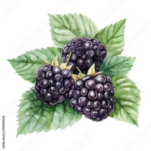 Blackberries Resting On Leaves, vector watercolor illustration, isolated on a white background.