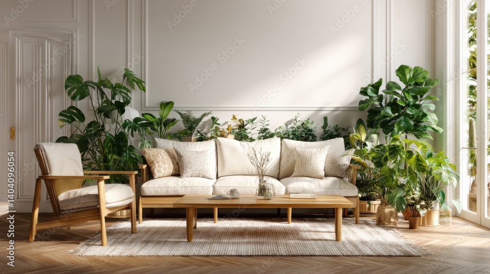 Relaxing living room with a beige sofa and lush greenery. Relaxing living room with a beige sofa and lush greenery.