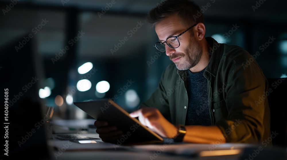 Late Night Dedication in a Startup Office with Tablet and Coffee Late Night Dedication in a Startup Office with Tablet and Coffee