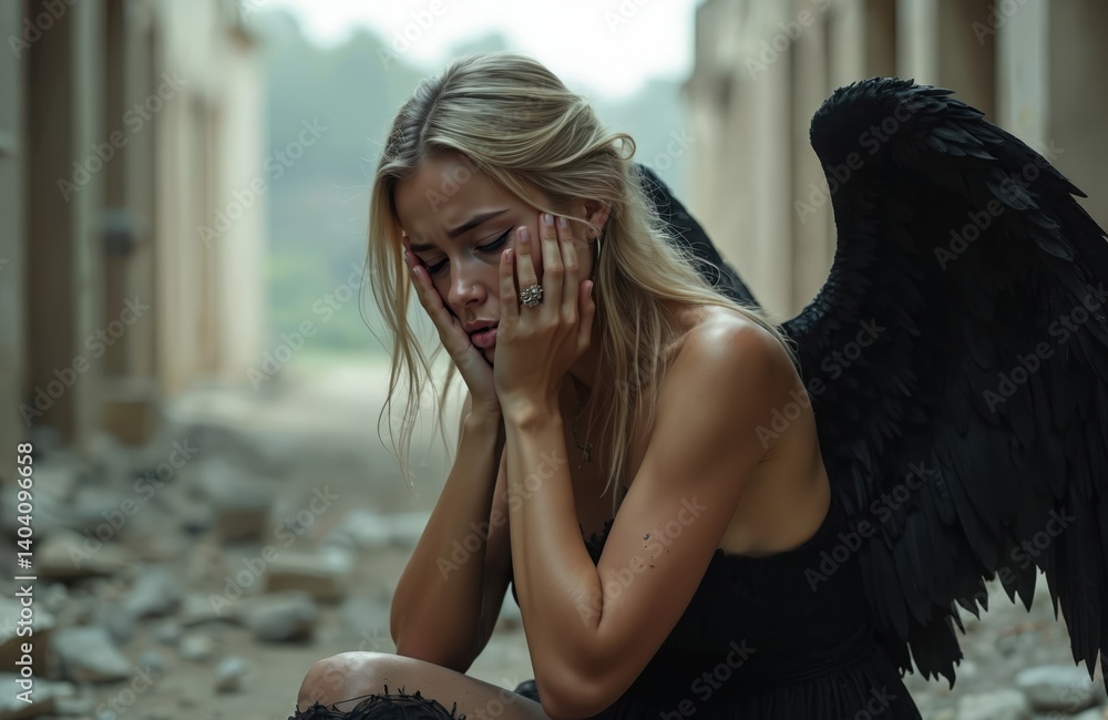 Young blonde woman with black angel wings sits crying in ruins after apocalypse. She is sad and depressed. Symbol of despair and loss. Conceptual art of fallen angel. Desolate world environment.
