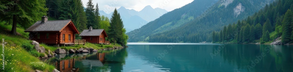 Fototapeta premium Scenic view of log cabins on a pristine lake, surrounded by forest , photography, breathtaking