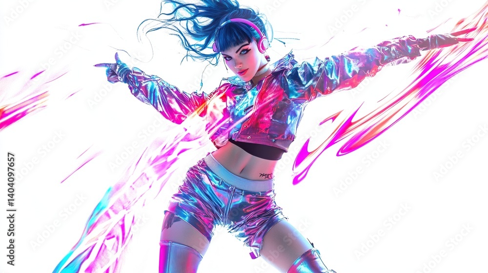 Energetic woman dancer in vibrant, futuristic outfit. Energetic woman dancer in vibrant, futuristic outfit.