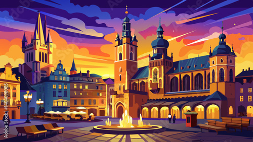 Evening view of the Main Square in Krakow, Poland, featuring the Cloth Hall and St. Mary's Basilica