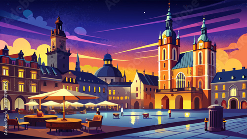 Evening view of the Main Square in Krakow, Poland, featuring the Cloth Hall and St. Mary's Basilica
