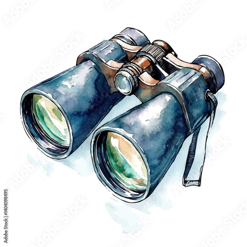 Binoculars Pair For Travel, vector watercolor illustration, isolated on a white background.