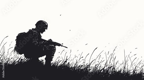 Shadow Sentinel: A soldier sits alert in a field, silhouetted against the sky, his silhouette exuding vigilance and valor.