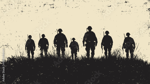 Silhouettes of Soldiers: Seven soldiers stand tall against a textured, vintage-style background, their silhouettes creating a powerful image of unity and courage.  The image evokes a sense of duty.