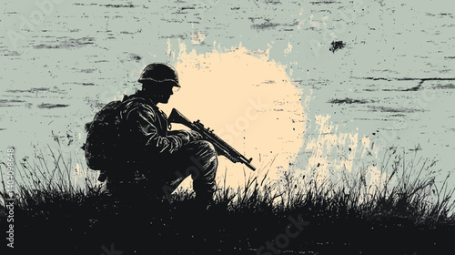 Silhouette of a Soldier:  A soldier stands vigilant, his silhouette sharply etched against a muted sky. He is a symbol of sacrifice, courage, and unwavering dedication.