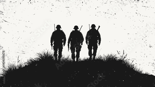 Soldiers Silhouette on Hilltop: Three soldiers stand in silhouette on a hilltop, their figures stark against a textured, monochrome background, conveying a sense of duty, vigilance.