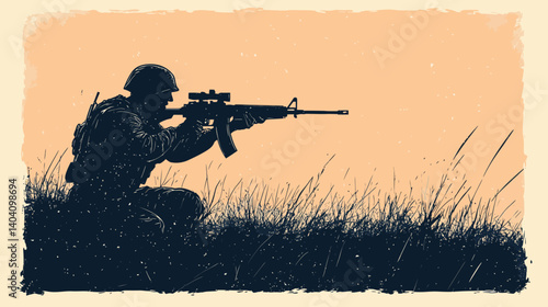 Soldier in the Field: A lone soldier, silhouetted against a sunset, kneels in tall grass, rifle aimed, ready for action.  The image evokes feelings of duty, vigilance.