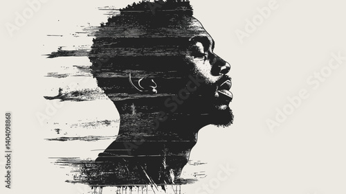 Silhouetted Identity:  A man’s profile is juxtaposed against a blurred background, with a sense of movement and depth in the layered imagery.  The silhouette evokes introspection, identity.