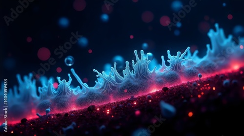 Abstract macro view of virus or cells with intricate blue structures and red glowing areas on a dark background, suitable for illustrating science, medicine, or future technology concepts.