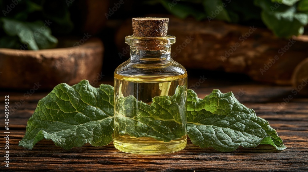 Herbal oil in small glass bottle with fresh leaves Herbal oil in small glass bottle with fresh leaves