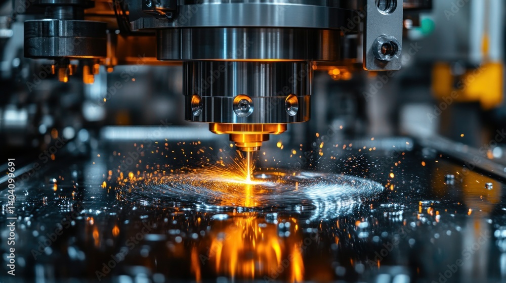 High-precision metal processing machine in action. Close-up view of a laser or plasma cutting process, with sparks and molten metal High-precision metal processing machine in action. Close-up view of a laser or plasma cutting process, with sparks and molten metal