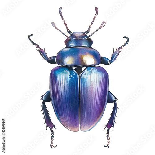 Beetle With Shiny Shell, vector watercolor illustration, isolated on a white background.