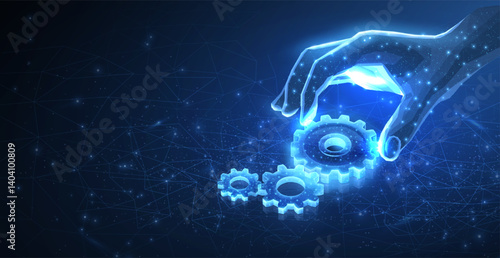 Digital gears in hand. Mechanical design, engineering blueprint, cog wheel.