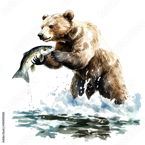 Bear Catching A Fish From The River, watercolor vector, isolated on a white background.