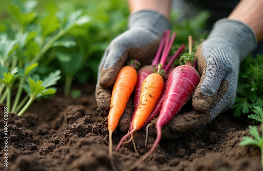 Fototapeta premium Farmer holds fresh harvest vegetables, carrots and beetroots. Eco food from ground. Organic farming, healthy eating. Harvest season, autumn time. Gardening with fresh plants.