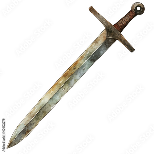 Battle-worn Broadsword, watercolor vector, isolated on a white background.