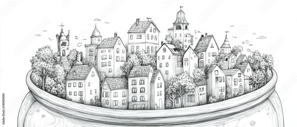 Fototapeta premium A whimsical pencil sketch of a miniature town nestled inside a large pot.