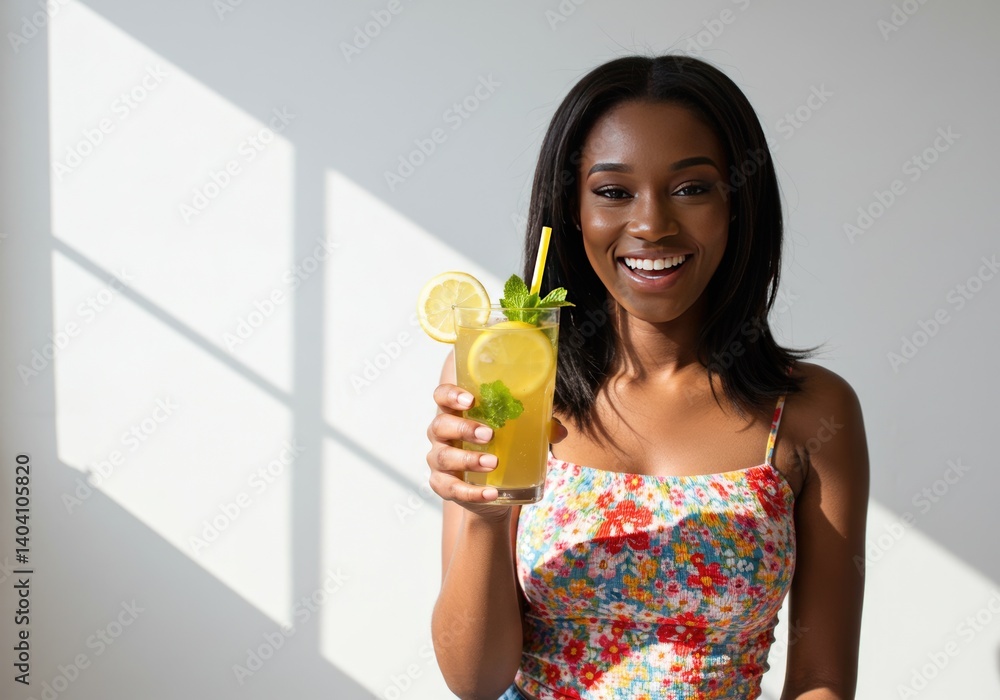 Happy woman enjoying lemonade with mint in a bright room Happy woman enjoying lemonade with mint in a bright room