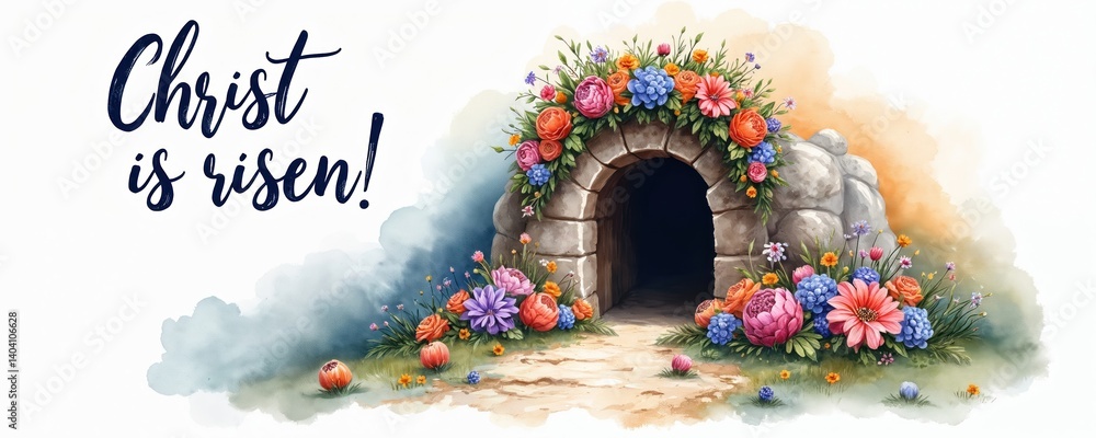 Watercolor illustration depicting Easter scene. The cave of Jesus Christ, floral wreath inscription Christ is risen. Christian theme for Easter decor, design. Resurrection symbol. Religious holiday.