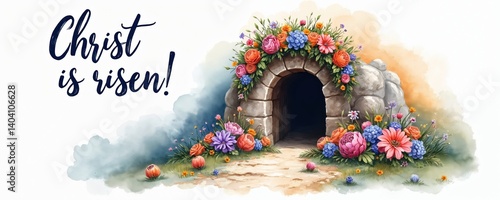 Obraz na płótnie Watercolor illustration depicting Easter scene. The cave of Jesus Christ, floral wreath inscription Christ is risen. Christian theme for Easter decor, design. Resurrection symbol. Religious holiday. w salonie