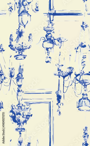 Seamless pattern with hand-drawn vintage chandeliers in cobalt blue on a light background. Classic luxurious style, perfect for textiles, wallpaper, and elegant decorative design.