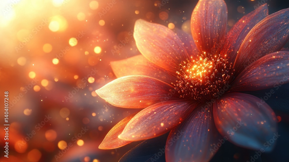 Fototapeta premium Glowing orange flower sunset bokeh background, nature serenity