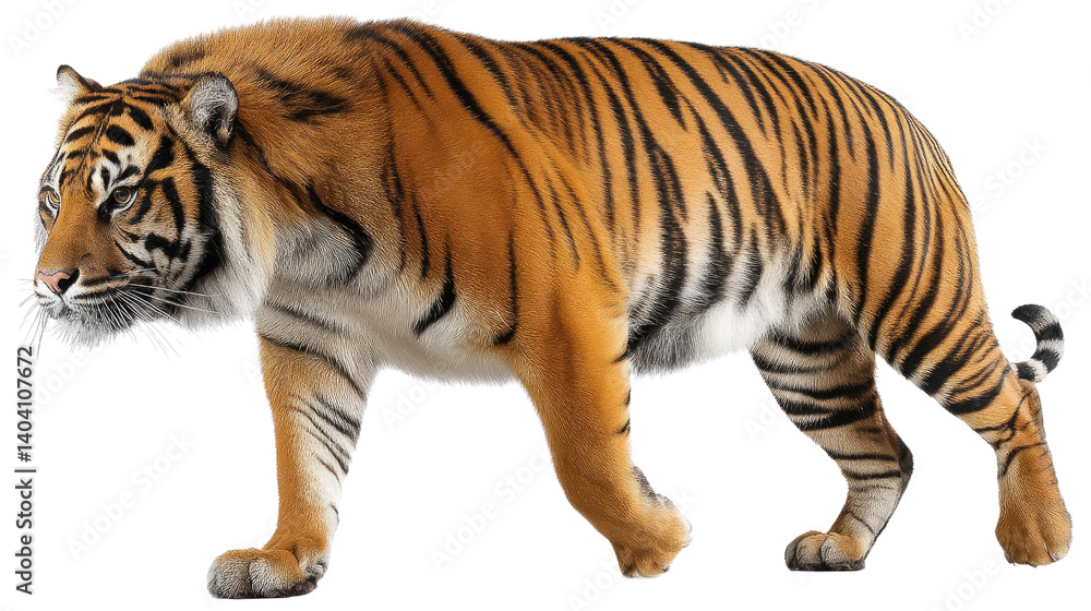 Obraz premium Majestic Tiger Strolling: A striking Sumatran tiger, its powerful physique and vibrant coat radiating the essence of the wild.