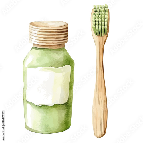 Bamboo Toothbrush And Paste, watercolor vector, isolated on a white background.