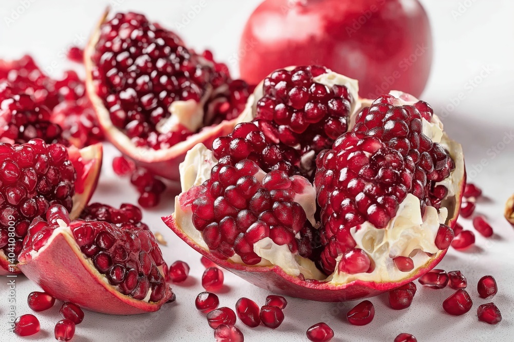 Bright and vivid pomegranates with rich seeds on a clear white background for culinary inspiration and health benefits Bright and vivid pomegranates with rich seeds on a clear white background for culinary inspiration and health benefits