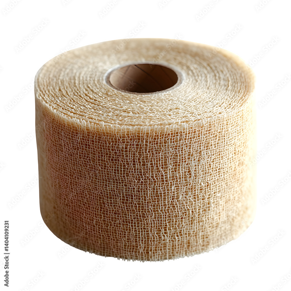 A medical bandage roll, unrolled slightly, showing texture, isolated on a white background. A medical bandage roll, unrolled slightly, showing texture, isolated on a white background.