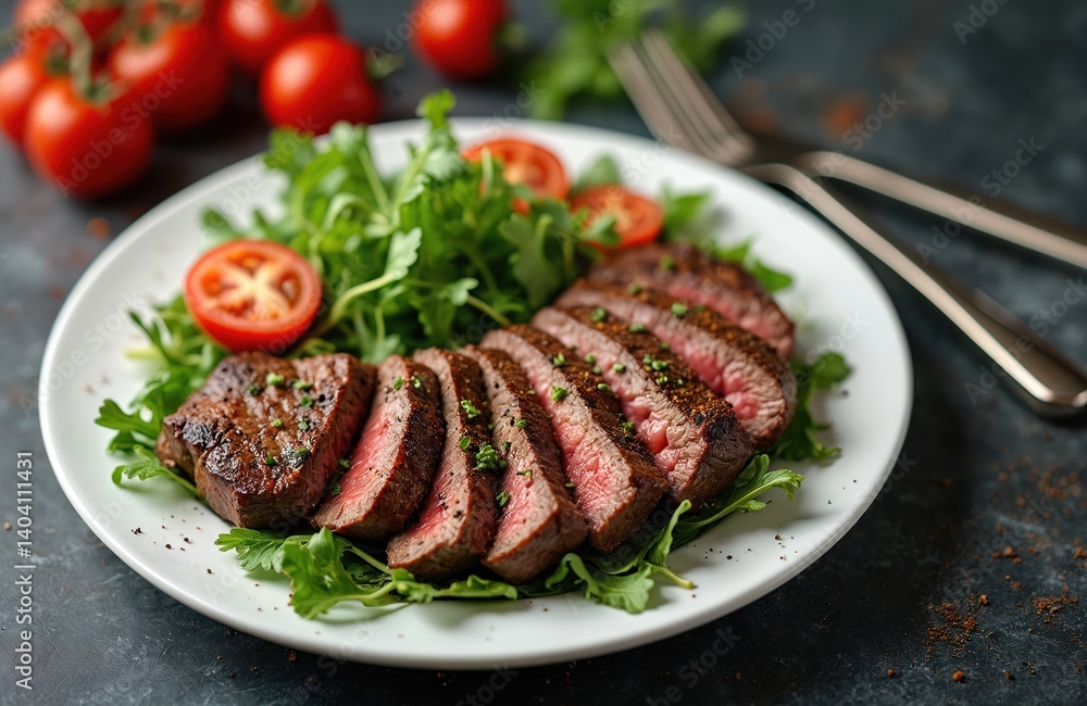 Grilled beef steak with tomatoes, fresh herbs, served on white plate. Sliced medium rare fillet on stone table. Delicious dinner meal at eatery restaurant. Food photo for culinary magazines, blogs, Grilled beef steak with tomatoes, fresh herbs, served on white plate. Sliced medium rare fillet on stone table. Delicious dinner meal at eatery restaurant. Food photo for culinary magazines, blogs,