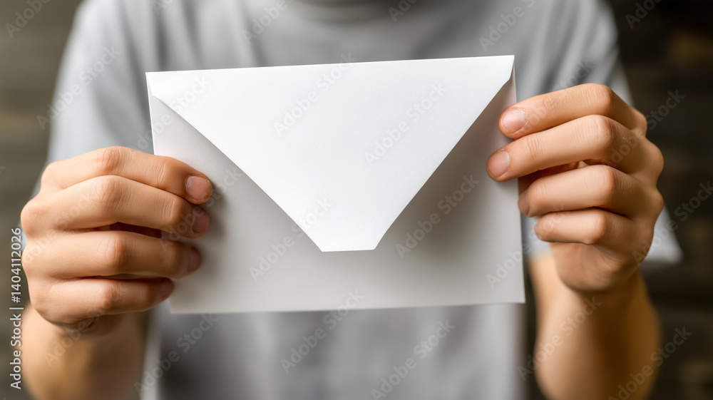 Person holding a crisp, white envelope in outstretched hands, offering a message or invitation. Receiving important news. Person holding a crisp, white envelope in outstretched hands, offering a message or invitation. Receiving important news.