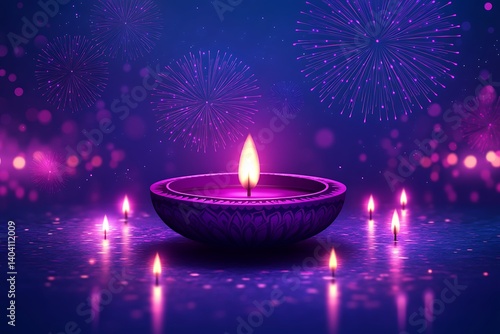 Diwali diya with fireworks, night scene