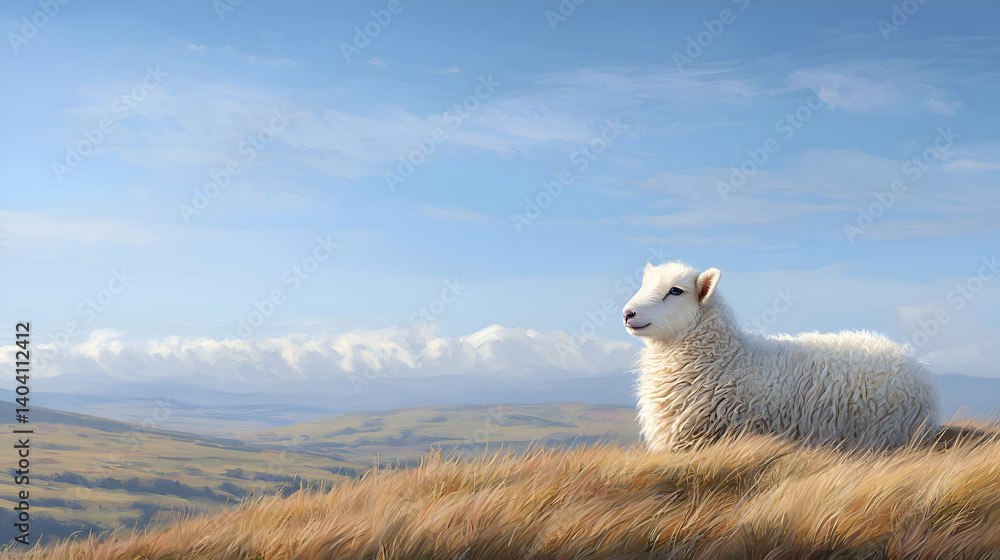 Fototapeta premium Fluffy White Lamb on a Hilltop