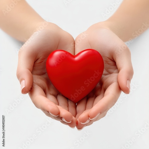 Hands holding a red heart shape on a white background.