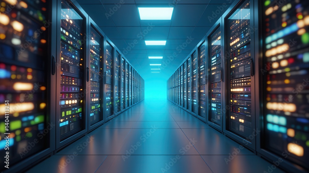 Modern futuristic data center corridor with glowing server racks, powerful network infrastructure, cloud computing storage, and blue ambient lighting symbolizing digital technology Modern futuristic data center corridor with glowing server racks, powerful network infrastructure, cloud computing storage, and blue ambient lighting symbolizing digital technology