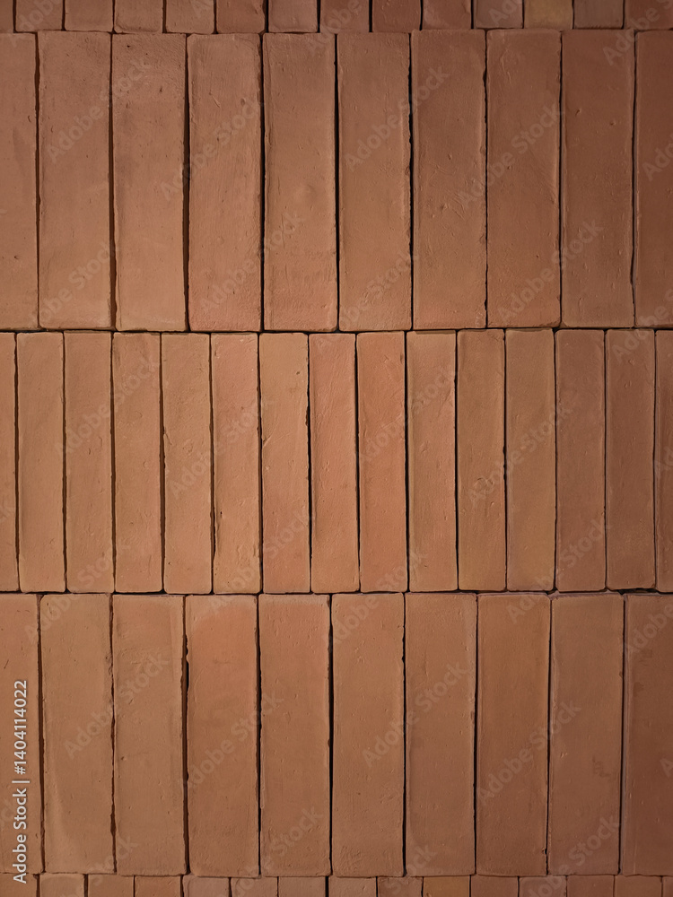 Stacked terracotta bricks forming a textured wall background