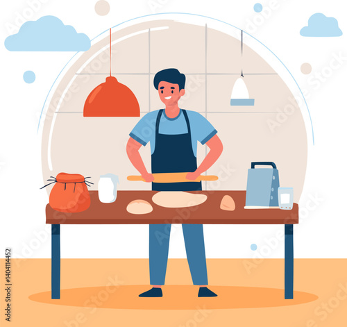 Baker kneading dough with rolling pin in kitchen