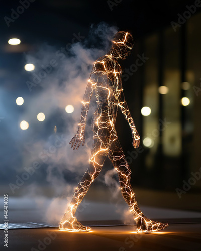Human silhouette illuminated with light lines walking in smoke  