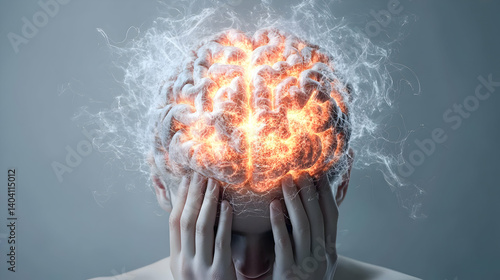 Man Touching Head With Hands Experiencing Brain Combustion Glowing Energy and Digital Abstract Background