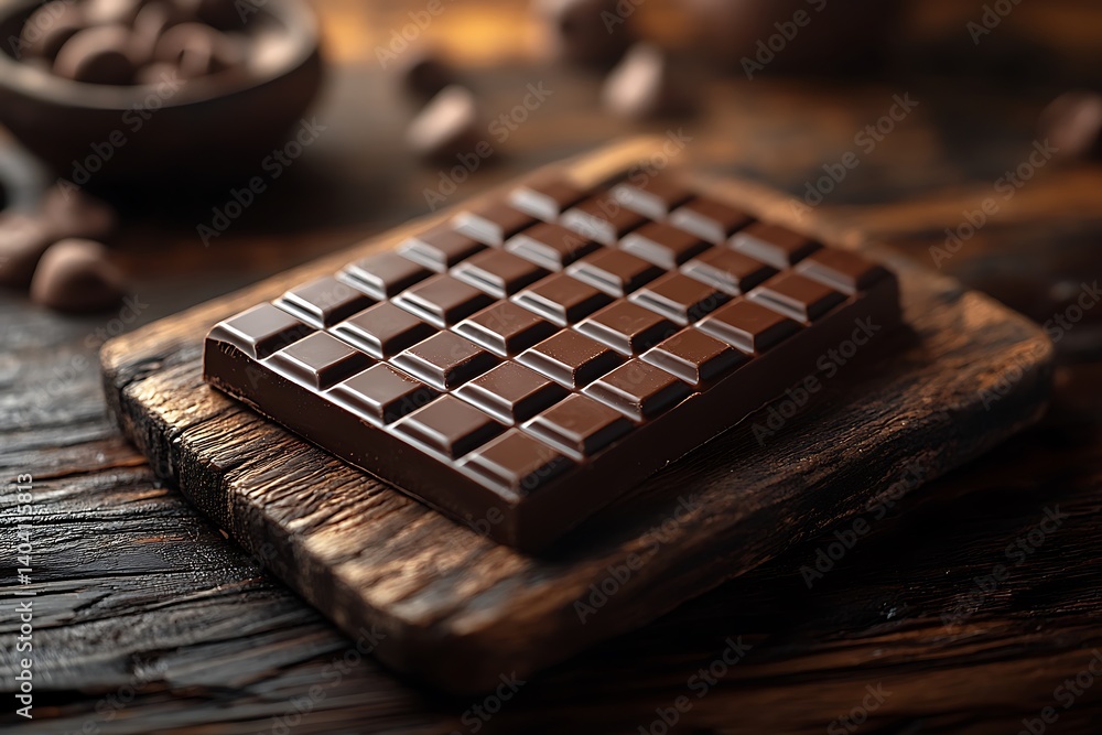 Dark chocolate bar on wooden board Dark chocolate bar on wooden board
