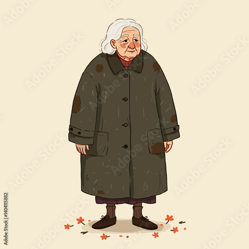 Elderly woman standing in a worn coat with a gentle smile amidst scattered flowers