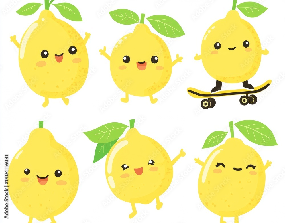 A set of cartoon lemons in various poses, including smiling, walking, riding a skateboard, and displaying a heart with their hands, embody the spirit of a funky retro character, specifically a groovy A set of cartoon lemons in various poses, including smiling, walking, riding a skateboard, and displaying a heart with their hands, embody the spirit of a funky retro character, specifically a groovy