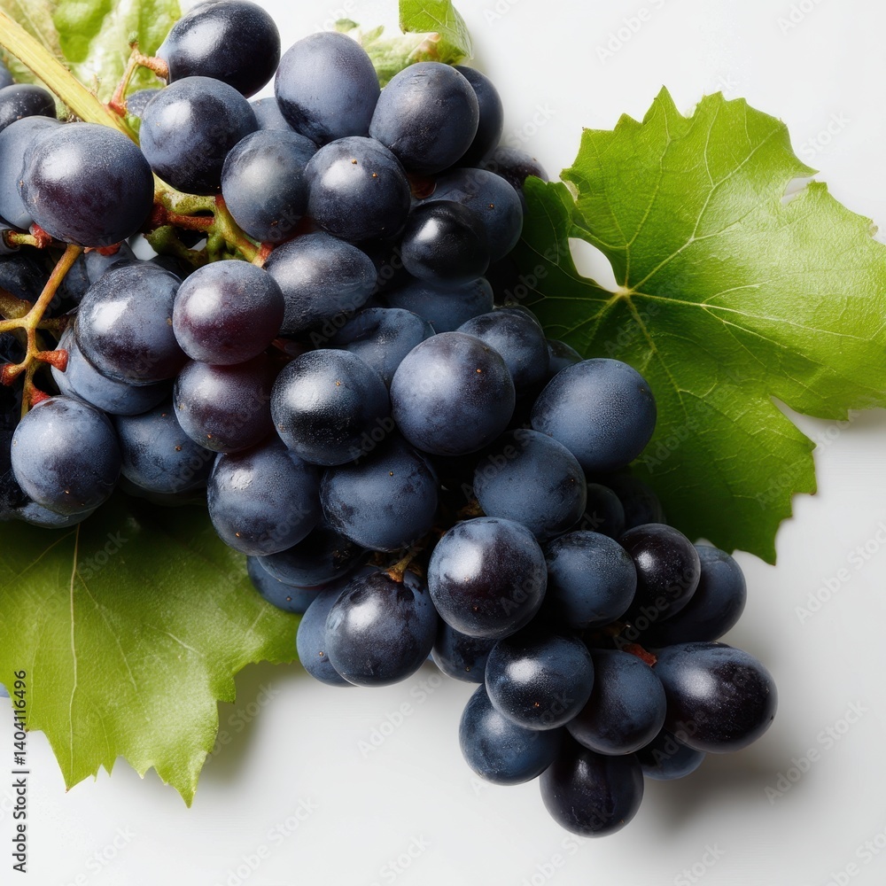 Fototapeta premium Black grapes with leaf close up shot on a white background.