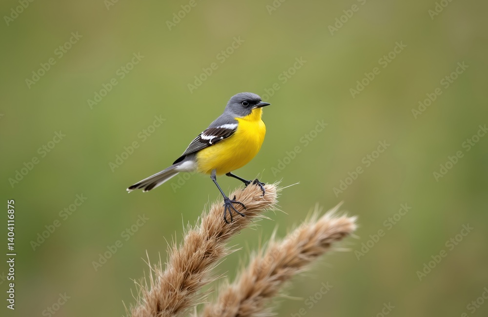 Yellow wagtail bird perched on dry plant stem. Nature scene in green environment. Wild bird in its natural habitat. Ornithology, wildlife and animal photography. Yellow wagtail bird perched on dry plant stem. Nature scene in green environment. Wild bird in its natural habitat. Ornithology, wildlife and animal photography.