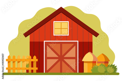 Rustic country barn with haystacks in vector art design